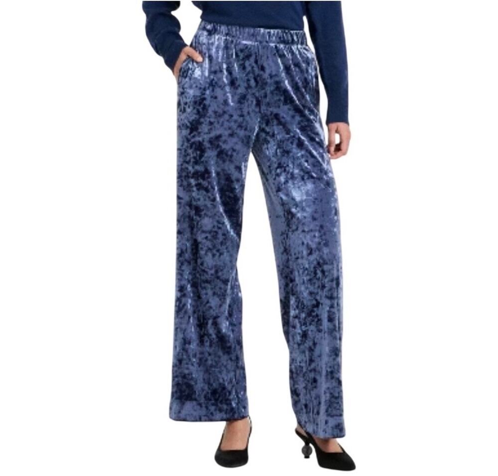 A New Day | Blue Crushed Velvet Wide Leg Pants XS Pull On Velour Holiday Party